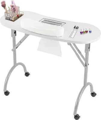 Zdjęcie produktu dla Stolik do manicure - stolik do paznokci z odsysaniem - składany - na kółkach - 90x40 cm - biały - w zestawie worek na pył i torba transportowa - odkurzacz do paznokci