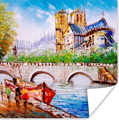 Produktbild von MuchoWow® Poster Gemälde - Paris - Boot - Brücke 100x100 cm - Babyzimmer
