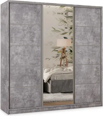 Produktbild von Masseno Schiebetürenschrank PINA 180/205/58 cm Kleiderschrank mit 4 Schubladen Schlafzimmer Schrank 3-türig mit Spiegel Titanfarben