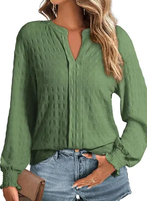 Immagine prodotto di Camicetta da donna, scollo a V, maniche lunghe, elegante, casual, alla moda, verde, taglia 2XL