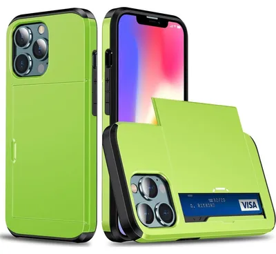 Produktbild von Mobigear Card Hülle für iPhone 14 Pro – Hartschalenhülle, Rückseite, stoßfest mit Kartenhalter – Grün