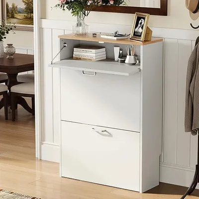 Imagen del producto de Zapatero con 2 puertas abatibles y 1 cajón, estante para zapatos estrecho, solución de almacenamiento para zapatos, ideal para pasillos, salones y zonas de entrada, dimensiones: 63,5 x 24 x 94 cm, color blanco y madera natural