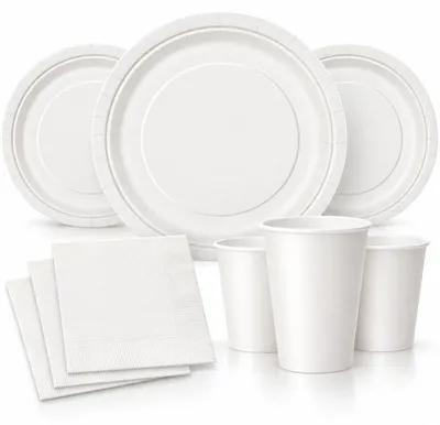 Produktbild von Party Deko Set weiss Einweggeschirr für 16 Personen Teller, Becher, Servietten Hochzeit Geburtstag