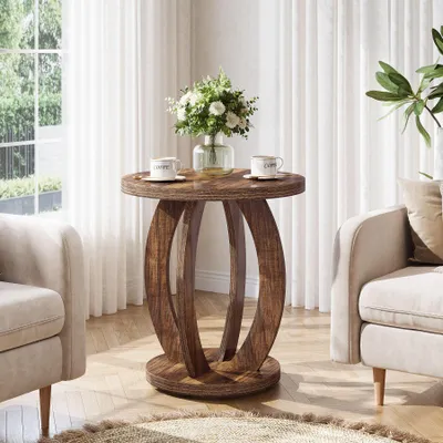 Image de Tribesigns : table d'appoint ronde, table de chevet pour la chambre à coucher, table basse de style rustique avec piètement en bois, table basse en bois pour la chambre à coucher