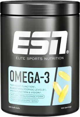 A product shot of a black container of ESN Omega-3 supplements.