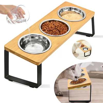 Produktbild von Gekippte Katzennapf Erhöht mit Holzständer, Hundenapf Napf Set für Katze, Kleine Hund