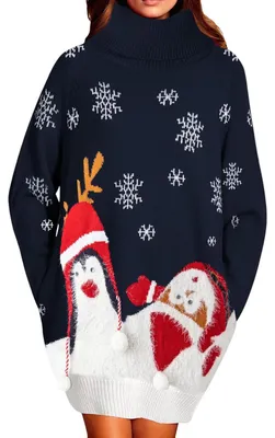 Produktbild von Damen Strickkleid Oversize Festlich Weihnachten Dunkelblau L