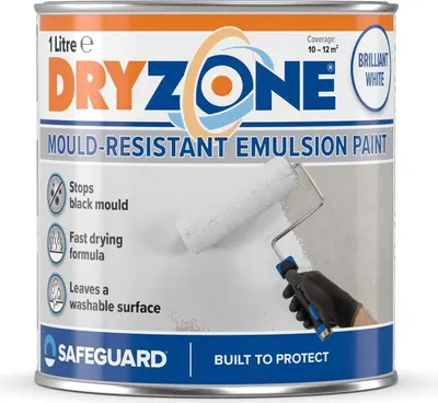 Produktbild von Dryzone Anti-Schimmel Emulsionsfarbe 1L Brilliant Weiß – Schimmelresistent bis zu 5 Jahre, hohe Deckkraft | Langer Schutz besonders für Bad und Küche