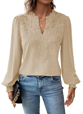 Zdjęcie produktu dla TUUHAW Tunika damska w stylu boho, bluzka z długim rękawem, top, luźny krój, kolor: brzoskwiniowy, rozmiar: XL