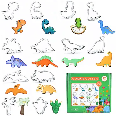 Image de Emporte-pièces dinosaures, lot de 12 pièces en acier inoxydable pour pâtisseries, gâteaux, pâte à sucre, beignets et biscuits – Emporte-pièces pour enfants