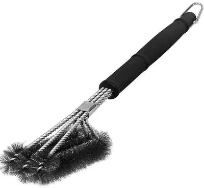 Image de Brosse à barbecue en acier inoxydable - Trois rangées de poils en acier inoxydable - Long manche - Pour barbecues à gaz, à charbon et électriques