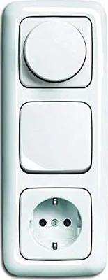 Produktbild von LED Dimmer KomplettSet BUSCH JÄGER, Drehdimmer alpinweiß Reflex SI 6523-U 102 (6523 U-102) in 3fach Rahmen + Steckdose mit integriertem erhöhtem Berührungsschutz (Kinderschutz) + Wippschalter + Wippe