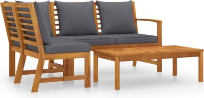 A wooden garden lounge set with gray cushions and a coffee table, displayed on a white background.
