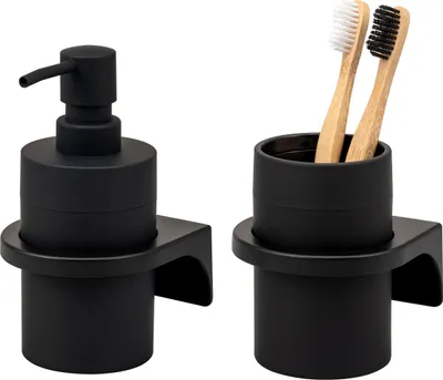 Zdjęcie produktu dla bremermann Zestaw akcesoriów łazienkowych SAVONA 2-częściowy z powierzchnią Soft-Touch, 1x dozownik mydła, 1x kubek, tworzywo sztuczne czarne
