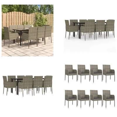 Produktbild von vidaXL 9 tlg. Garten Essgruppe mit Kissen Schwarz und Grau Poly Rattan - Garten Essgruppe - Garten Essgruppen - Essgruppe - Essgruppe Terrasse