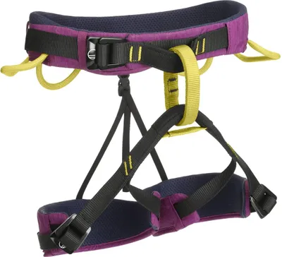 Klettergurt "Flow" von Wild Country in Schwarz und Lila mit gelben Akzenten; geeignet für Kletteraktivitäten.