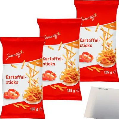 Produktbild von Jeden Tag Kartoffelsticks Paprika 3er Pack (3x125g Packung) + usy Block