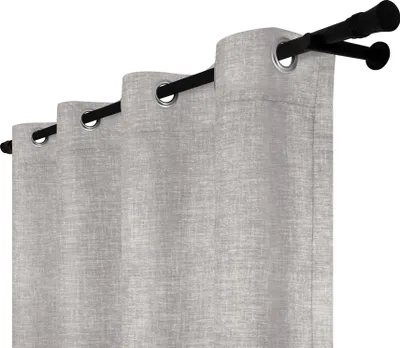 A close-up view of a light gray curtain with grommets hanging on a black curtain rod.