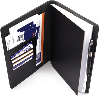 Produktbild von GKA Schreibmappe Aktenmappe Konferenzmappe Dokumentenmappe mit 94 Seiten Notizbuch und Metall Kugelschreiber silber mit Handyhalterung