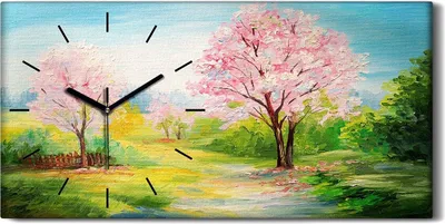 Produktbild von Leinwand Wanduhr Wandkunst Uhr 60x30 Ölgemälde Kirschbäume Büsche Landschaft - schwarze Hände
