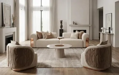 Image de Ensemble salon : canapé 4 places beige, plus 2 fauteuils