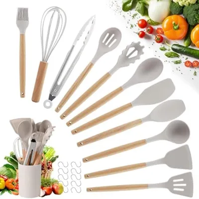 Produktbild von PolkaHome® Küchenhelfer Set - 22-teiliges Kochzubehör mit Holzgriffen und Silikonköpfen, Kaki