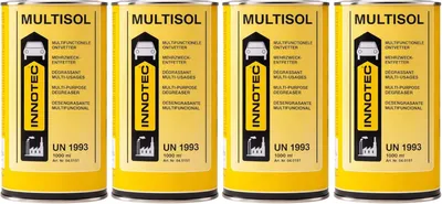 Immagine prodotto di 4 confezioni INNOTEC Multisol da 1 litro – Sgrassatore e detergente multifunzionale – scioglie adesivi, sigillanti, catrame, grasso e olio – ideale per automobili e officine