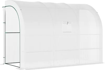 Zdjęcie produktu dla Szklarnia Outsunny z półkami i oknami, zimowa szklarnia z folii stalowej, przyścienna szklarnia na balkon, do ogrodu, do pomidorów 300x150x213cm szklarnia na pomidory, warzywa, kwiaty, rośliny, biała