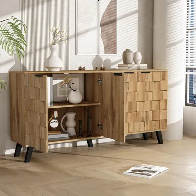Immagine prodotto di Merax Credenza moderna a 4 ante in look legno, cassettiera con ampio spazio di archiviazione, mobile contenitore per soggiorno e sala da pranzo, natura