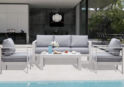 MeXo Gartenmöbelset, Loungeset Aluminium für 4-5 Personen mit Kissen und Couchtisch Indoor Outdoor Balkon weiß (Sitzgruppe, Aluminiumrahmen)