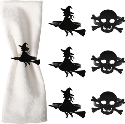 Produktbild von Halloween-Serviettenringe-Set, schwarzer Totenkopf und Zauberer, Serviettenschnalle, 6 Stück, für Tischdekoration, Abendessen