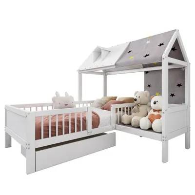 Produktbild von Kinderbett mit Lattenrost, Rausfallschutz und Sitzbank, 90x200 cm, Hausbett mit Schubladen, Jugendbett, Einzelbett