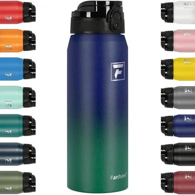 Immagine prodotto di Borraccia da 750 ml in acciaio inossidabile con tappo a scatto, resistente al calore, a tenuta stagna, viola-verde
