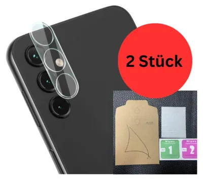 A close-up of a smartphone's rear camera lens protector, with a red circle overlay indicating quantity and a small package of cleaning wipes.