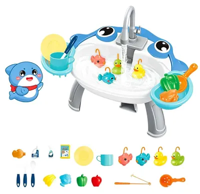 Produktbild von Zimilo Kinder Wasserspiel Spüle mit Wasserpumpe, Automatischer Wasserkreislauf, 180° Wasserhahn, Großes Becken, Zubehör Set Lernspielzeug, Blau