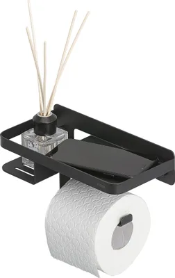 Produktbild von Tiger Caddy Toilettenpapierhalter mit Ablage, Toilettenrollenhalter mit Ablagefläche für Smartphone oder Einer Box für feuchtes Toilettenpapier, Klopapierhalter zur Wandmontage, Edelstahl, Schwarz