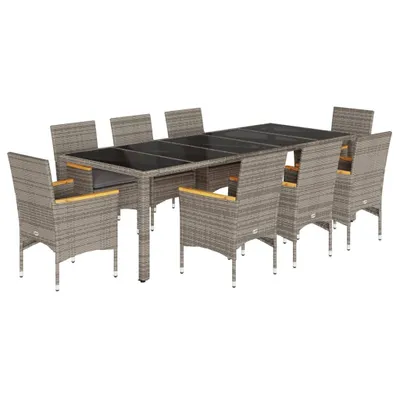 Image de vidaXL Salon de jardin 9 pièces avec coussins Gris Poly rotin et verre