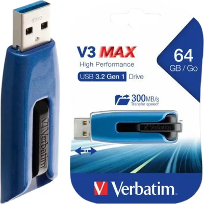 Zdjęcie produktu dla Verbatim Store 'n' Go V3 Max, 64 GB, USB Typu-A, 3.2 Gen 1 (3.1 Gen 1), Łożysko tulejowe, 10 g, Niebieski