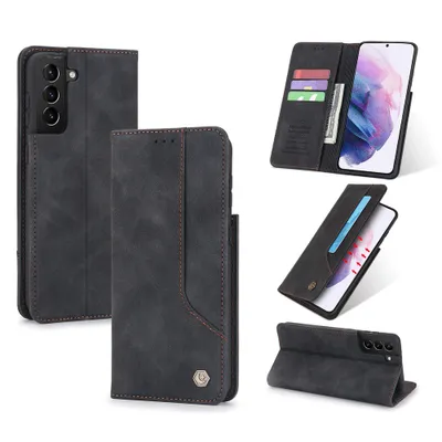 Obrázek produktu pro RetroPolyuretankožené pouzdro pro Samsung Galaxy S21 FE 5G peněženkový design pouzdro s držákem na karty a stojánkem černé