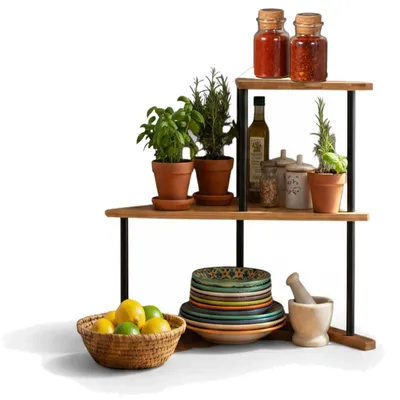 Produktbild von LS-LebenStil Küchenregal Eckregal Holz Metall 52cm Stehendes Aufbewahrungsregal für Arbeitsplatte Küche Bad Gewürzregal über Eck Dekoregal Gewürze