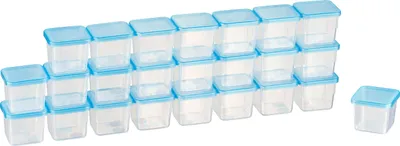 A collection of clear plastic food storage containers with blue lids, arranged in rows.