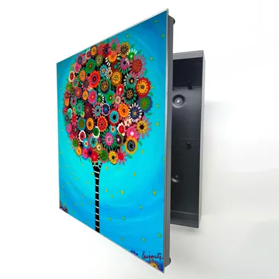 Produktbild von Schlüsselkasten Schwarz aus Metall, bunter Blumenbaum Motiv hinter Glas, Moderne Schlüsselbox rechtsöffnend, 32x28x6,5 cm, 20 Haken