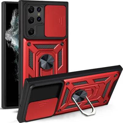 Produktbild von Galaxy S22 Ultra 5G Hülle mit 360° Drehbarer Magnetische Ring Ständer Halter Dia Kameraschutz TPU Bumper Silikon Schutzhülle für Samsung Galaxy S22 Ultra 5G Rot