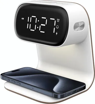 Image de Réveil numérique multifonctionnel avec chargement sans fil, 10 W max. Lampe de chevet, luminosité réglable, format 12/24 heures, fonction snooze, chargeur QI sans fil pour chambre et salon