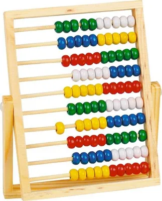 A wooden abacus with colorful beads.