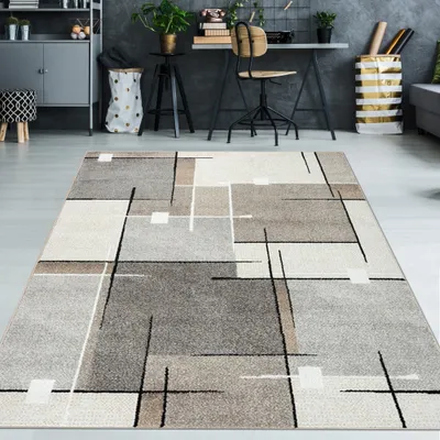 Produktbild von Moderner Teppich mit geometrischem Muster – Beige, Grau & Schwarz – Weich & strapazierfähig Größe - 140 x 200 cm
