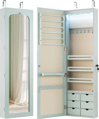 Produktbild von GOPLUS Schmuckschrank haengend, Schmuck Hängeschrank mit Schloss & 2 Schlüsseln & LED-Beleuchtung, Sipegelschrank mit Schubladen (Grün)