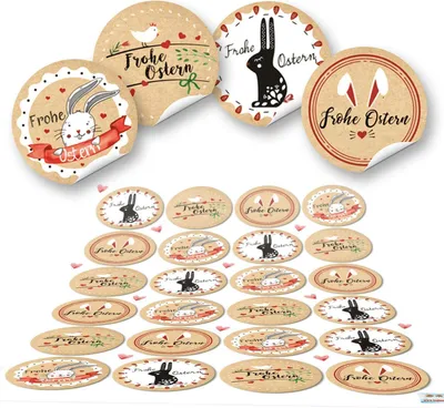 Produktbild von Logbuch-Verlag 24 Frohe Ostern Aufkleber Osterhase Osterdeko bunt Osteretiketten rund zur Verpackung für Kindergeschenke Geschenke Give-Away beige rot weiß48 Aufkleber / 2 Bögen