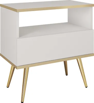 Produktbild von ORO Nachttisch mit Schublade und offenem Fach, Push-to-Open, Weiß, Metallbeine Gold, 59x54x39 cm