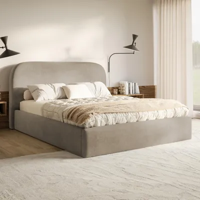 Produktbild von MOTIVENA Mono Polsterbett 180x200 mit Bettkasten, Holz Lattenrost, Bett 180x200 Beige Samt (Jasmine 24)
